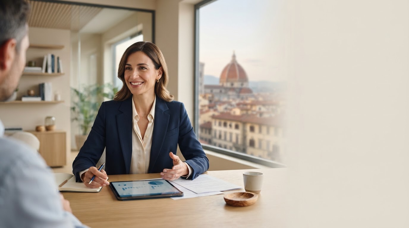 Forti Rendovanz: interfaccia digitale con grafici di crescita in un ambiente di lavoro professionale